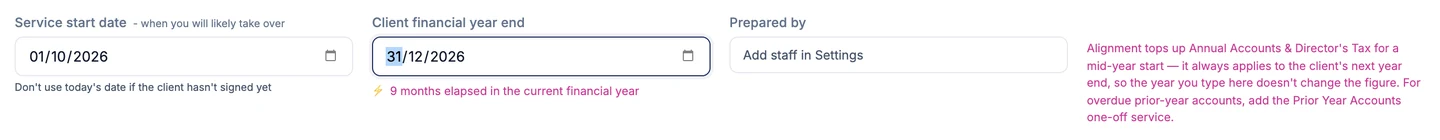 Power Pricing showing a service start date of 1 October 2026 and a client financial year end of 31 December 2026, with a note reading nine months elapsed in the current financial year.