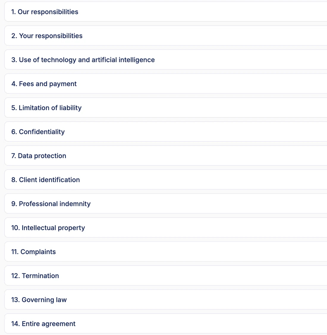 The fourteen Terms of Business clauses in Power Pricing, listed and individually editable. Clause three is Use of technology and artificial intelligence.