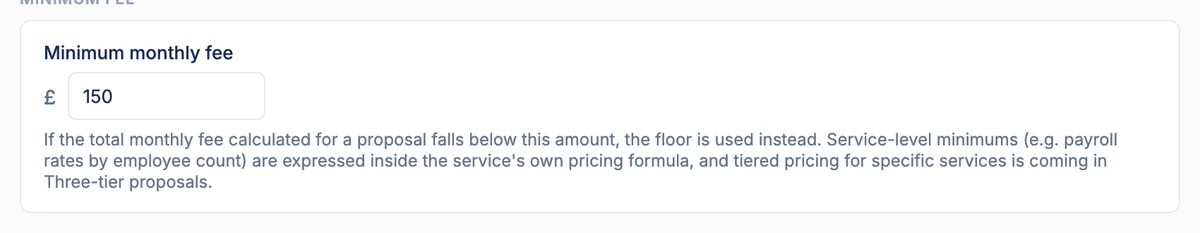 The minimum monthly fee setting in Power Pricing, showing a floor of £150 and an explanation that if a proposal calculates below this amount, the floor is used instead.