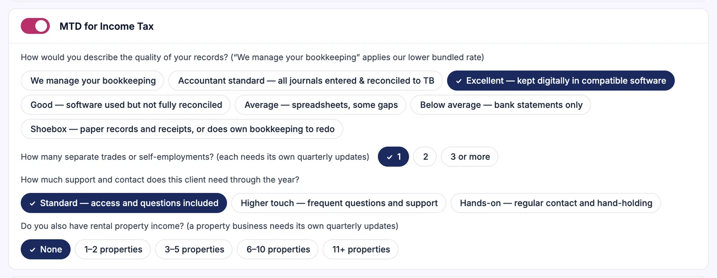The MTD for Income Tax service in Power Pricing, asking four questions: how would you describe the quality of your records, how many separate trades or self-employments, how much support and contact does this client need through the year, and do you also have rental property income.