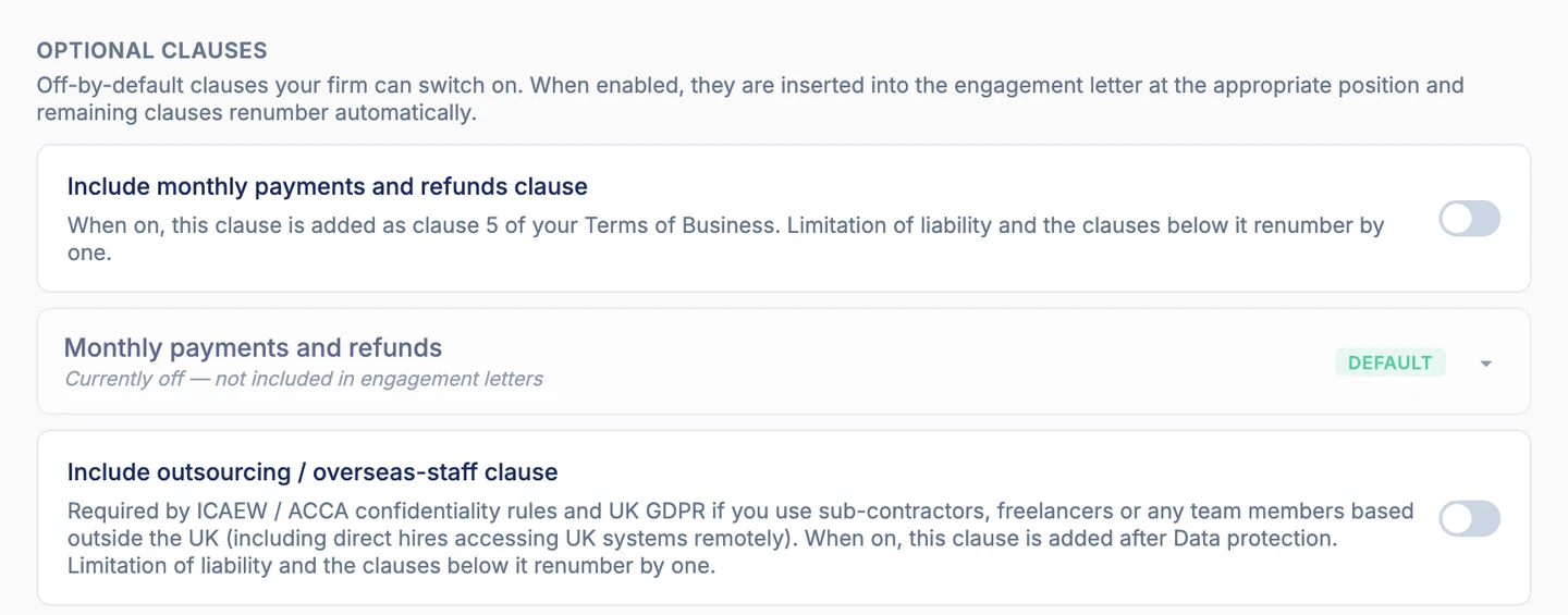 The optional clauses section of Power Pricing's engagement letter settings, showing an outsourcing and overseas-staff clause and a monthly payments and refunds clause, both switched off by default. The outsourcing one notes that it is required by ICAEW and ACCA confidentiality rules and UK GDPR if you use sub-contractors, freelancers or team members based outside the UK, including direct hires accessing UK systems remotely.