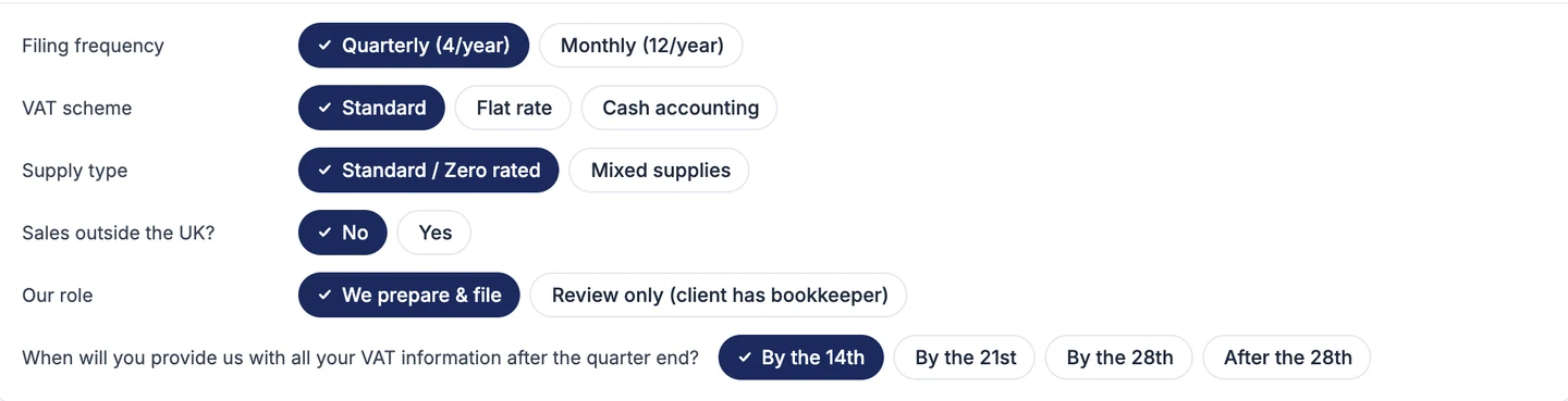 The VAT service in Power Pricing, showing a question reading "When will you provide us with all your VAT information after the quarter end?" with four choices: by the 14th, by the 21st, by the 28th, or after the 28th.